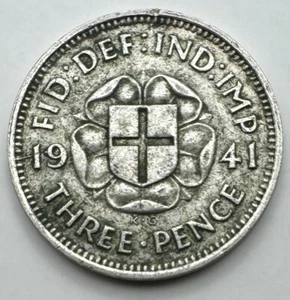 1941 Silver .500 Great Britain Three Pence - English 3 Pence - 3P - Ships Free - Picture 1 of 4