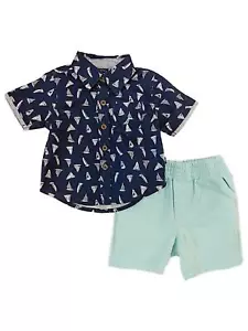 Infant Boys Sailboat Button Down Shirt T-Shirt & Shorts 2 Pc Outfit Set 3-6M - Picture 1 of 1
