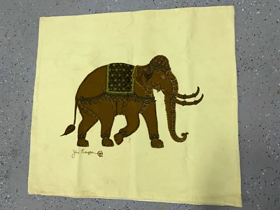 Jim Thompson Pillow Cover Yellow Brown Elephant Zip Thailand - Image 1 of 4