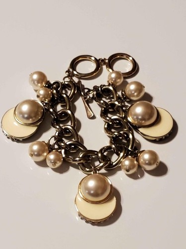 OFF WHITE Bracciale catena strass perle finte smaltate bianco sporco 7" (B40)