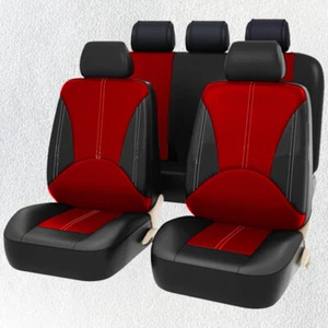 Juego completo de funda de asiento de coche de cuero PU tapete de cojín negro rojo - Imagen 1 de 2