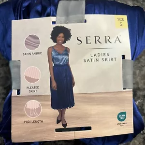 NWT Serra Aldi Satin Pleated Midi Skirt Sz S Small Blue Pull On Stretch - Picture 1 of 4
