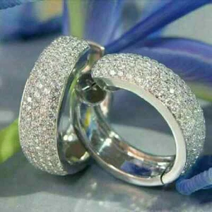 4.00 CT Round Cut Moissanite Women's Hoop Huggie Earrings 14K White Gold Plated - Picture 1 of 6