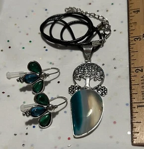 Botswana Agate .925 Pendant Gemstone Necklace Tree of Life & Earrings - Picture 1 of 12