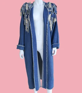 Vintage Long Boho Denim Jeweled Lace Coat Size Large Crotchet Coat Jeansjacke - Bild 1 von 6