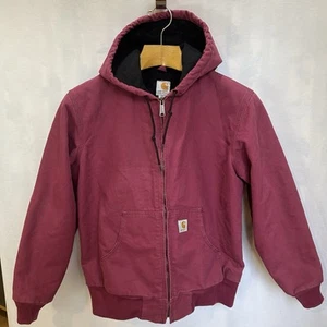 Carhartt Active Jacket Merlot Pink Plum WJ130 Hood Zip Workwear Canvas Wm M 8/10 - Picture 1 of 13