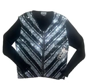 Vintage NEU Berek Gr. Damen XL schwarz gerippte Strickjacke schwarz Pailletten Schmuck Reißverschluss RAR - Bild 1 von 6