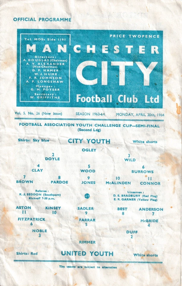 MANCHESTER CITY v MANCHESTER UNITED 1963/64 YOUTH CUP SEMI FINAL - GEORGE BEST - Image 1 of 1