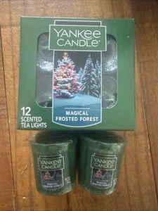 YANKEE CANDLE Magical Frosted Forest Tea Lights 1 Dozen + 2 Votives, GREEN NEW - Picture 1 of 2