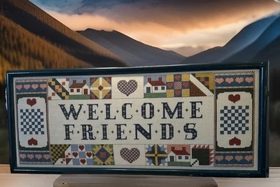 Green Framed Completed PARAGON NEEDLECRAFT Cross Stitch Welcome Friends  9”x22” - Image 1 of 4