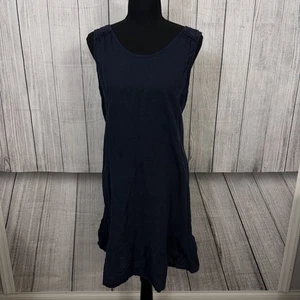 Terzo Millennio Women's XL Blue 100% Linen Ruffle Hem Tie Back Midi Dress Italy - Picture 1 of 8