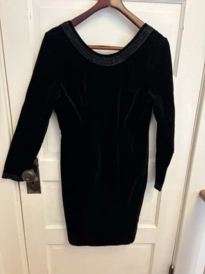 Laura Ashley Black Velvet Cocktail Dress Long Sleeve Beaded Trim Lined Size 10 - Image 1 of 4