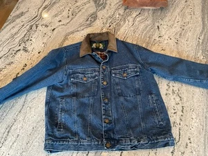 Cabelas Vintage Jean Jacket Mens Medium Flannel Lined Trucker Denim Leather M - Picture 1 of 7