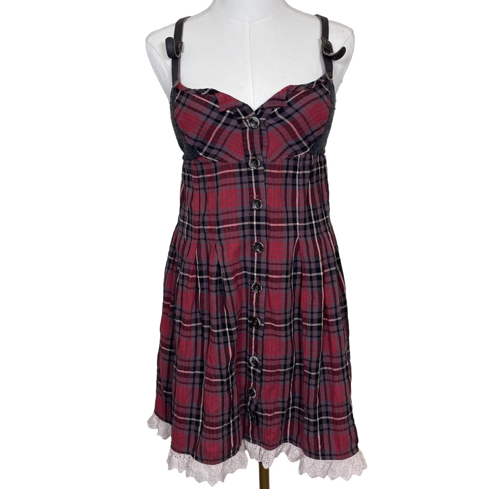 Mini Vestido Vintage Free People Rojo a Cuadros Botón Frontal 2 Bordes de Encaje Correa de Cuero Foto 1 de 4