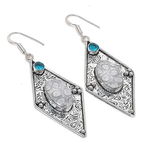 Fossil Coral, Blue Topaz Gemstone 925 Sterling Silver Jewelry Earring 2.76" - Picture 1 of 5