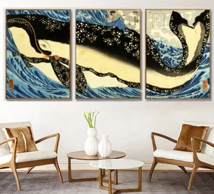 Set 3 Samurai Fight Whale Japan Ukiyoe Paint Silk Canvas Poster Unframed U105 - Picture 1 of 10