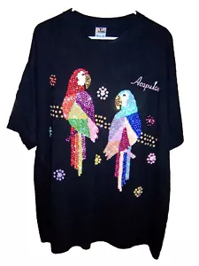 NWOT SEQUIN PARROT CRUISE ACAPULCO BLACK EMBELLISHED T-SHIRT SZ 2XL - Picture 1 of 4