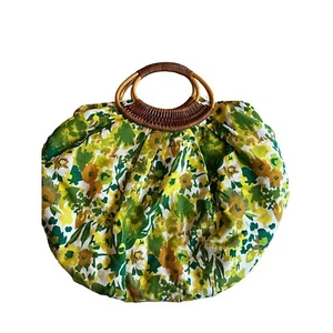 Borsa vintage stampa floreale rotonda manico bambù con fodera gialla e scatto magnetico - Foto 1 di 6