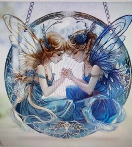 SUNCATCHER-Winged Fairies Blue Waterproof Acrylic Suncatcher 8"x8" With Chain - Bild 1 von 3