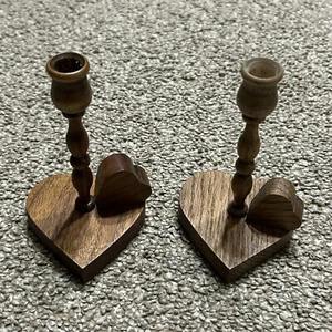 Vintage Handmade HEART Wooden Mini Taper Candle Holder Set Bear Stamp Brand - Picture 1 of 7