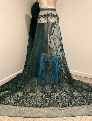 Hunter Green Beaded Sequins Embroidery Bridal Lace Fabric 50” Width Sold By Yard - Image 1 of 4