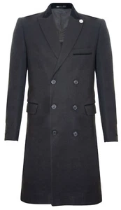 Mens 3/4 Black Long Double Breasted Crombie Overcoat Wool Coat Peaky Blinders - Picture 1 of 5