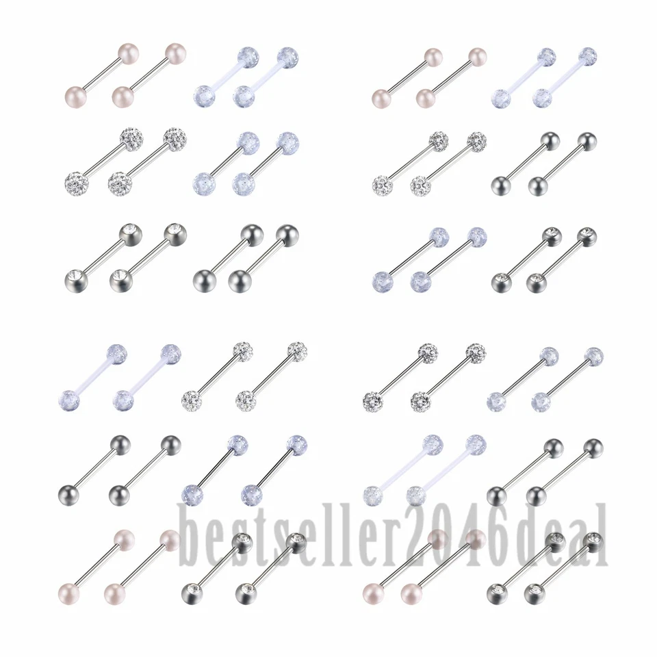 12件装手术钢杠铃舌环乳头环身体穿孔首饰14G — 第 1/4 张图片