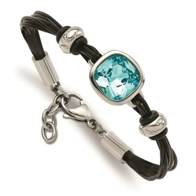 Stainless Steel Polished Blue Glass Leather with 1in ext. Bracelet - Image 1 of 4