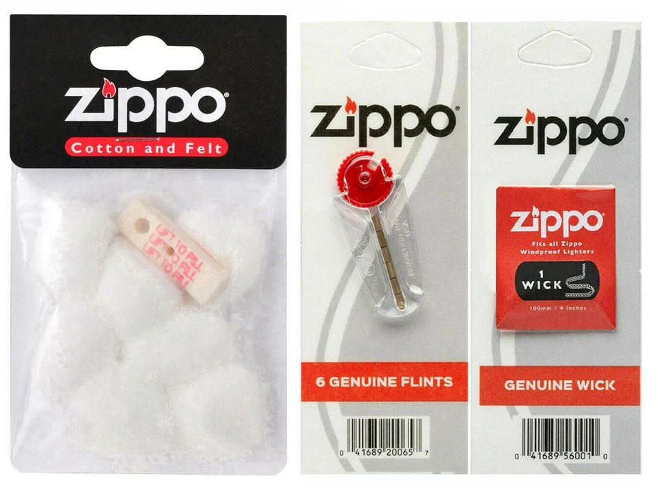 GENUINE ZIPPO COTTON LIGHTER WADDING 1FELT COTTON 1WICK FLINTS 6X SERVICE PARTS