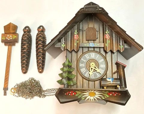 Vintage German Bird Cockoo Clock Traditional Pine Cone Weights Made in Germany Cover