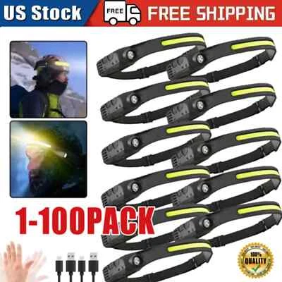 COB LED Headlamp USB Rechargeable Headlight Torch Work Light Bar Head Band Lamp - Image 1 of 4