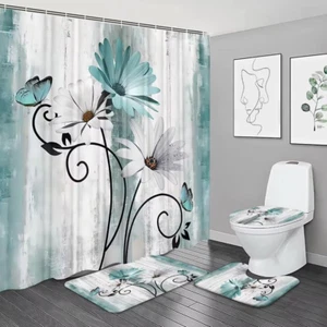 Juego de 4 cortinas de ducha rústicas con diseño de flores de color verde azulad - Picture 1 of 12