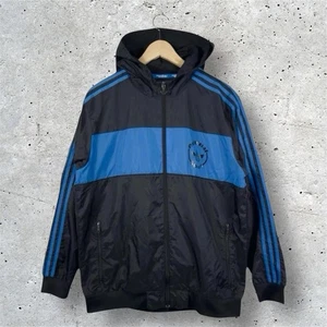Adidas Originals giacca a vento uomo grande con cappuccio nero blu righe felpa con cappuccio - Foto 1 di 8