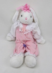 1988 Chrisha Playful Plush Bunny Pink Velvet Jumper Floppy Stuffed Animal - Picture 1 of 8