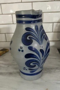 Deutscher Schilz Salzglasierter Steinzeug Krug Krug blau & grau Handarbeit bemalt Vintage - Bild 1 von 15