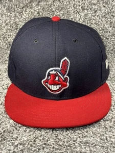 Cleveland Indians Hat Cap Fitted Size 8 Blue Red New Era 59fifty On Field - Picture 1 of 8