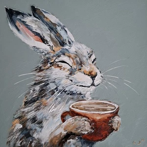 Oil Painting of Hare Enjoying a Cup of Coffee, Wildlife Original Painting, 6x6" - Picture 1 of 7