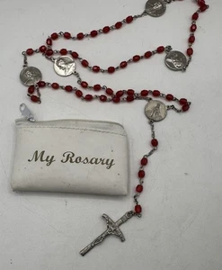 Vintage Catholic Rosary with Pope John Paul II Case – Red Beads & Medals - Picture 1 of 5
