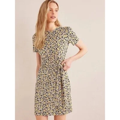 Boden Tie Knot Front Jersey Midi Short Sleeve Floral Black Yellow Dress EUC 4 - Image 1 of 4