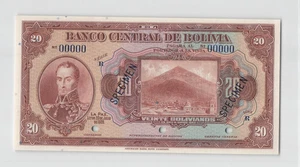 Bolivia 20 Bolivianos, 1928 P-122s Specimen Banknote, Original UNC Uncirculated - Picture 1 of 2