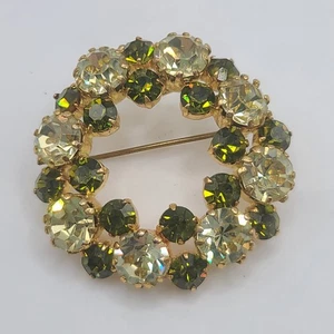 Vintage Strass Brosche grüner Kranz goldfarben SCHÖNES FUNKELN - Bild 1 von 12