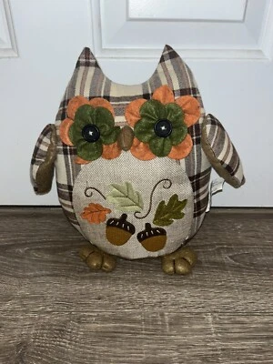 Vintage Owl Stand Up Pillow Fall Leaves Acorn Decoration - Image 1 of 4