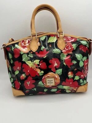Cartera Dooney Bourke Jardín Negra Roja Floral Rosas Vachetta Cuero Cúpula Cartera Foto 1 de 4