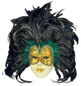Venetian Mask - Ca’ Del Sol - Feathers Rooster - Golden - Green - Pearls - Picture 1 of 10