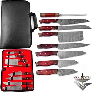 Custom made Damascus steel kitchen/Chef's knife set with roll leather bag ZE-34 - Picture 1 of 5
