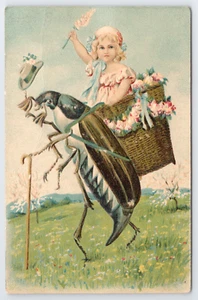 Easter Postcard Little Girl Riding Anthropomorphic Beetle with Hat & Cane 1910's - Picture 1 of 5