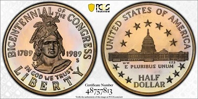 PR68DCAM 1989-S 50C Congress Bicentennial Half Dollar Proof, PCGS- Pretty Toned - Image 1 of 4