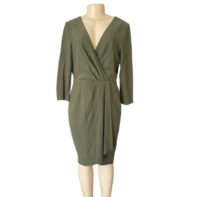 Vestido Kay Unger NY 12 Verde Oliva Lana Plisado Manga Larga Cuello en V Hasta la Rodilla Foto 1 de 4