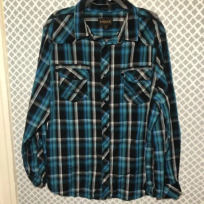 Helix Mens Button Up Shirt Athletic Fit Plaid Blue Snap Pocket Buttons XXL 2XL - Image 1 of 4