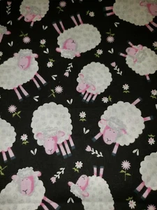 100% Cotton White Sheep with Flowers on Black Background FQ Fat Quarter - Picture 1 of 2